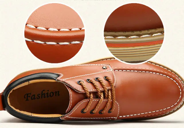 Brauner Herren-Lederschuh zur Höhensteigerung mit Schnürung, mit weißer Steppung und schwarzer Gummilaufsohle, mit 6-cm-Einlegesohle.