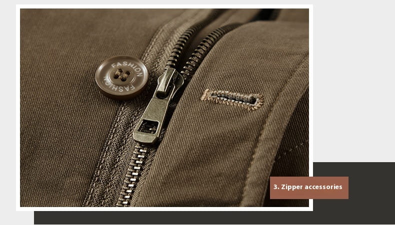 mens fleece lined winter cotton jacket in olive green canvas featuring a metallic zipper and a circular button engraved with fashion