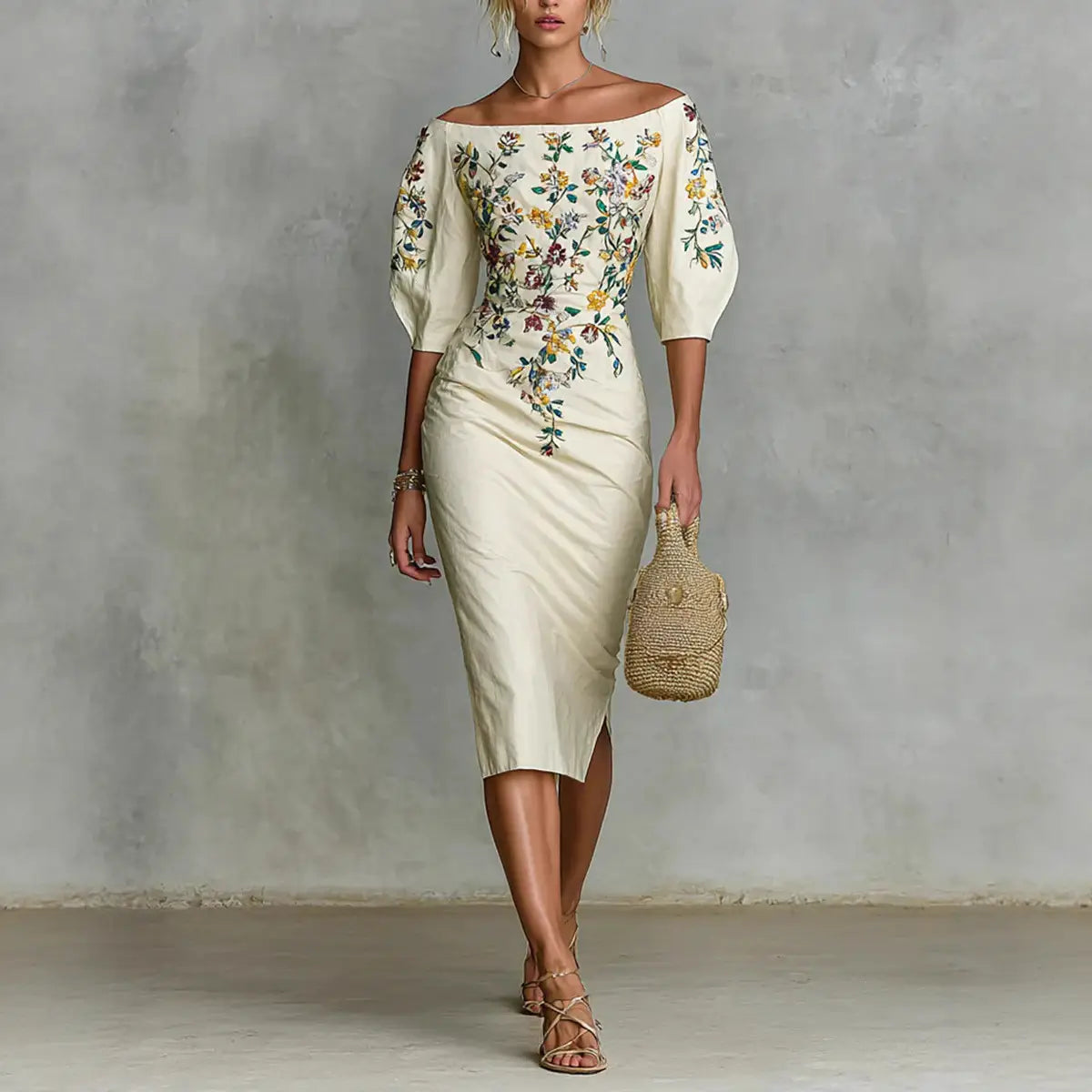Embroidered off shoulder floral puff sleeve dress in cream with three quarter sleeves and delicate floral embroidery.
