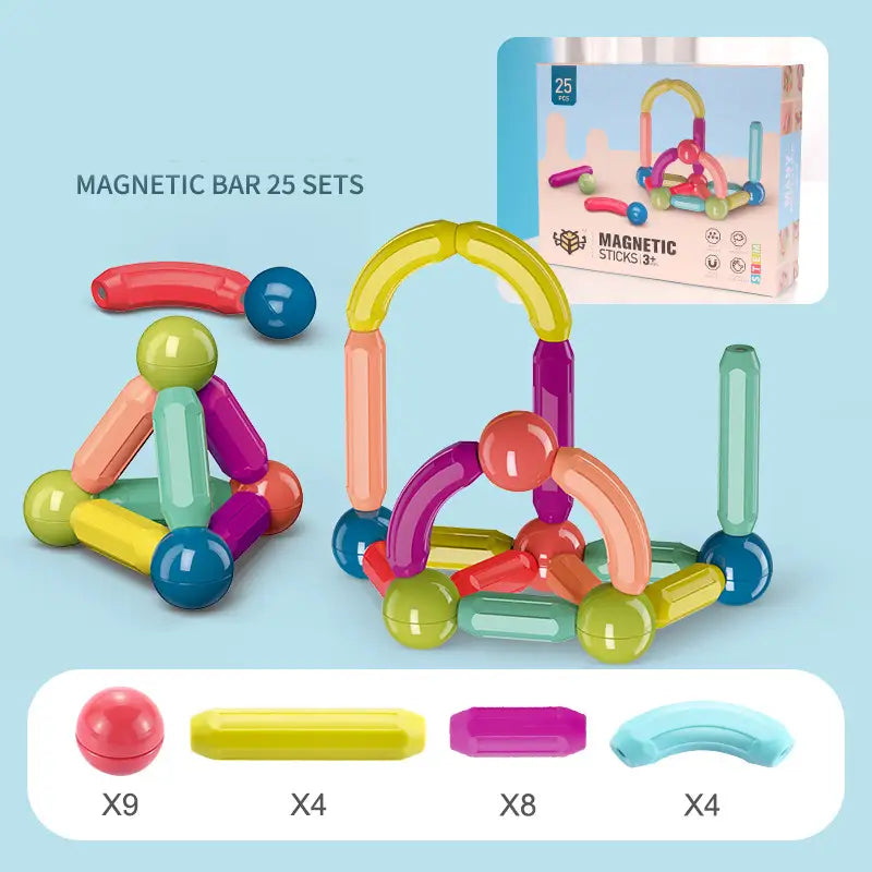 Varillas de construcción magnéticas coloridas para niños en formas variadas y tonos vibrantes de un conjunto de bloques magnéticos que incluye de 50 a 100 piezas.