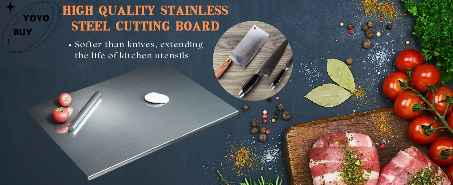A sleek rectangular stainless steel cutting board with a polished metallic finish rounded corners and a lip xxl 304 metal design.
