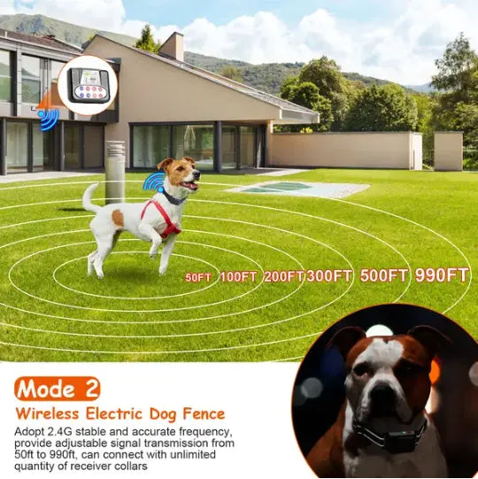 Wireless electric dog fence collar in black with adjustable range and 2.4g stable frequency transmission for pet safety from the 2-in-1 wireless dog fence and remote training collar ipx6 product.