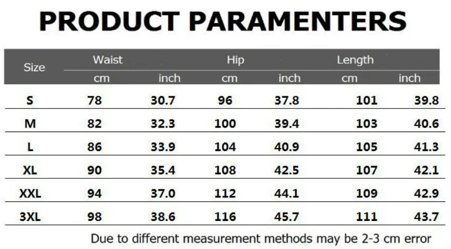 Die Produktparameter-Tabelle für Herren-Slim-Fit-Stretch-Anzughosen zeigt Größenoptionen mit Bund-, Hüft- und Längenangaben in Zentimetern und Zoll.