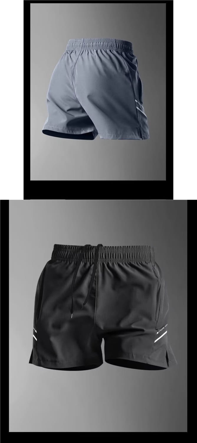 gray ice silk quick-drying straight-leg athletic shorts with a drawstring waistband and reflective white stripes on the sides for enhanced visibility during exercise