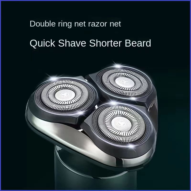 Rasoir électrique pour homme à triple tête, tête de rasage à trois lames argent et noir, avec conception de double filet en forme d’anneau pour un rasage rapide.