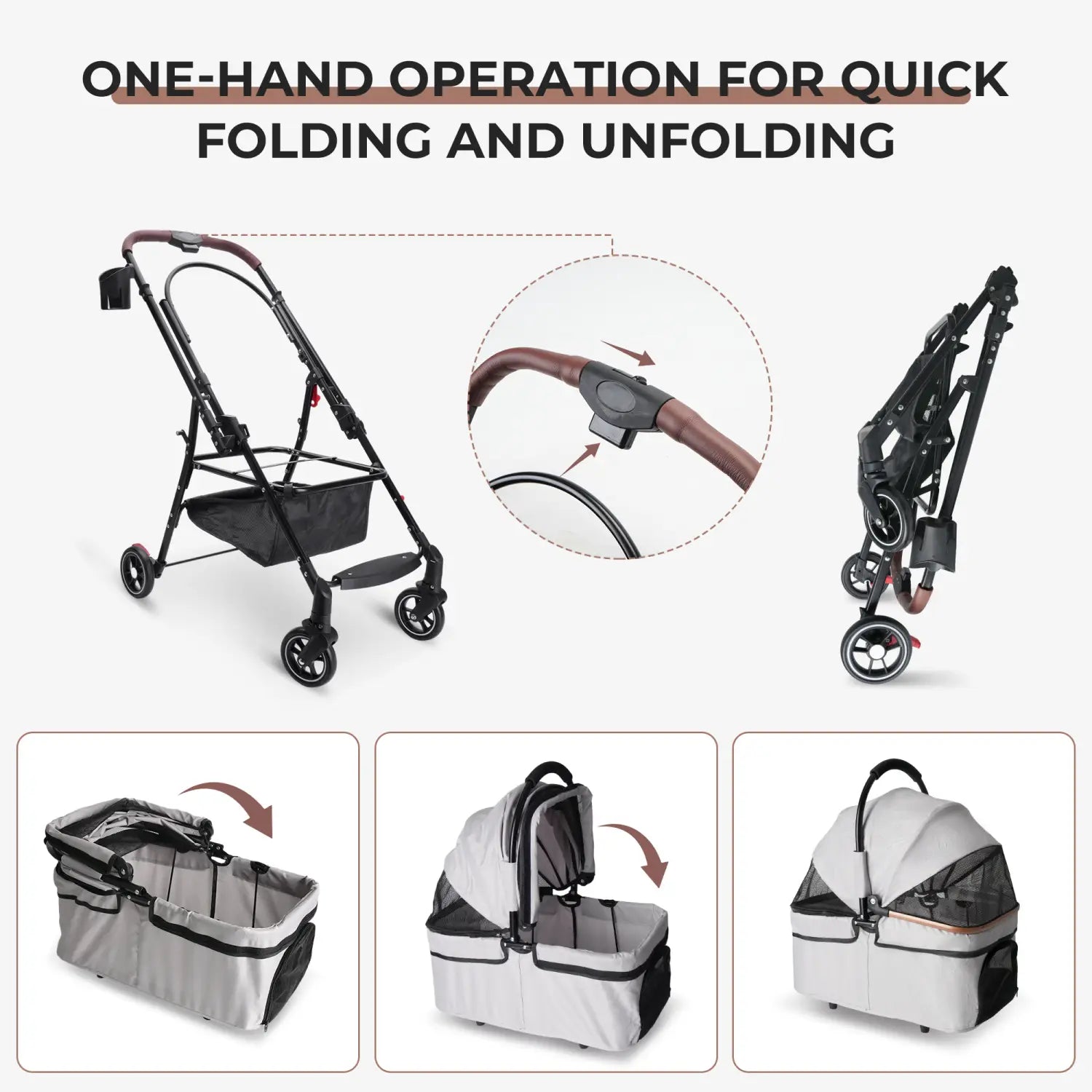 Foldable pet stroller for small dogs and cats in black and brown with a one-hand fold feature and gray convertible carrier shown from the back side.