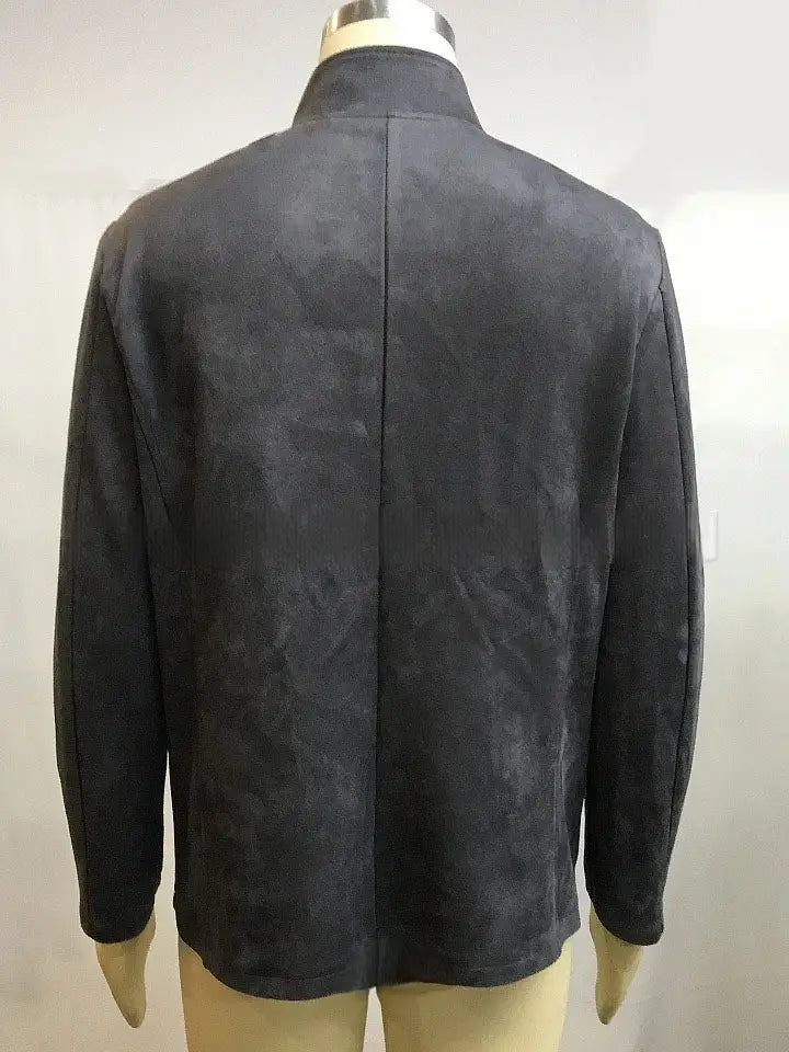 Black suede men’s casual jacket with stand collar and centered seam shown from the back.
