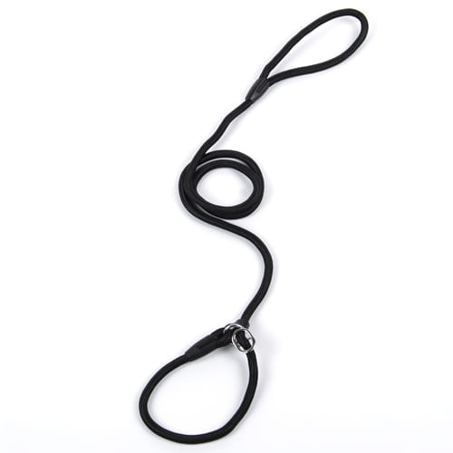 Correa para perro de nailon trenzado negro con anillo metálico plateado en el punto de anclaje, para mascotas pequeñas y grandes.