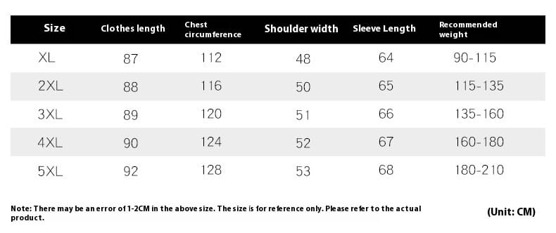 Tabla de tallas que muestra medidas en centímetros para el abrigo de invierno acolchado con capucha para hombre en tallas XL a 5XL.