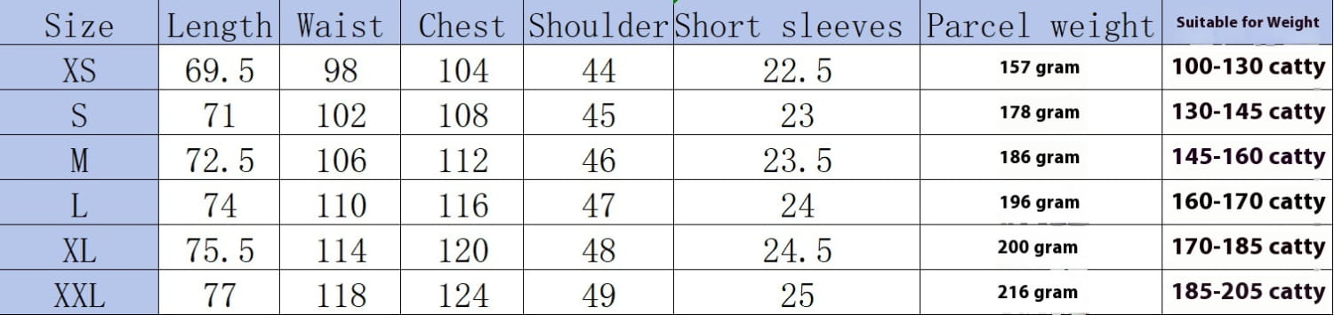 The table displays size and measurement details for the men’s slim fit four way stretch non iron short sleeve shirt including length waist chest shoulder short sleeves parcel weight and suitable weight range.