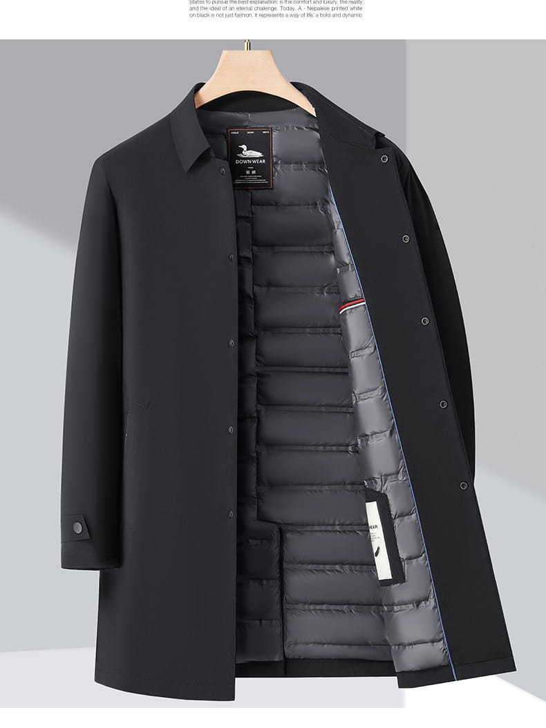 Herren-Winter-Daunenmantel in Navy-Blau, Steppjacke mit schwarzer, mit Daunen gefüllter Außenseite, wattierter Innenausstattung und Knopfverschlüssen.