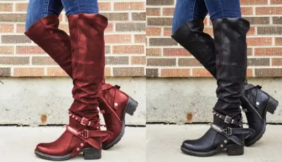 red and black suede over-the-knee knight boots for women featuring studded buckle straps and chunky block heels