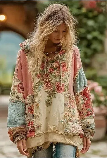 Vintage patchwork floral hoodie in soft pastel pink cream and teal featuring embroidered roses and lace trim.