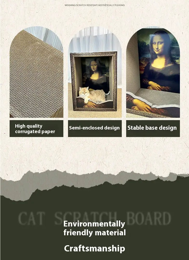 „Mona Lisa“-Katzenkissen-Kratzbrett aus hochwertigem gewelltem Papier mit stabilem Standfuß und halb umschlossenem Design, mit prunkvollem Rahmen.