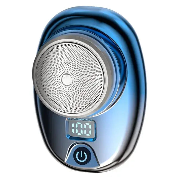 Blaues, metallisch schimmerndes, tragbares elektrisches Rasiergerät für Männer mit rundem silbernem Mesh-Kopf und LED-Digitalanzeige, ausgestattet mit USB-Typ-C-Ladefunktion.