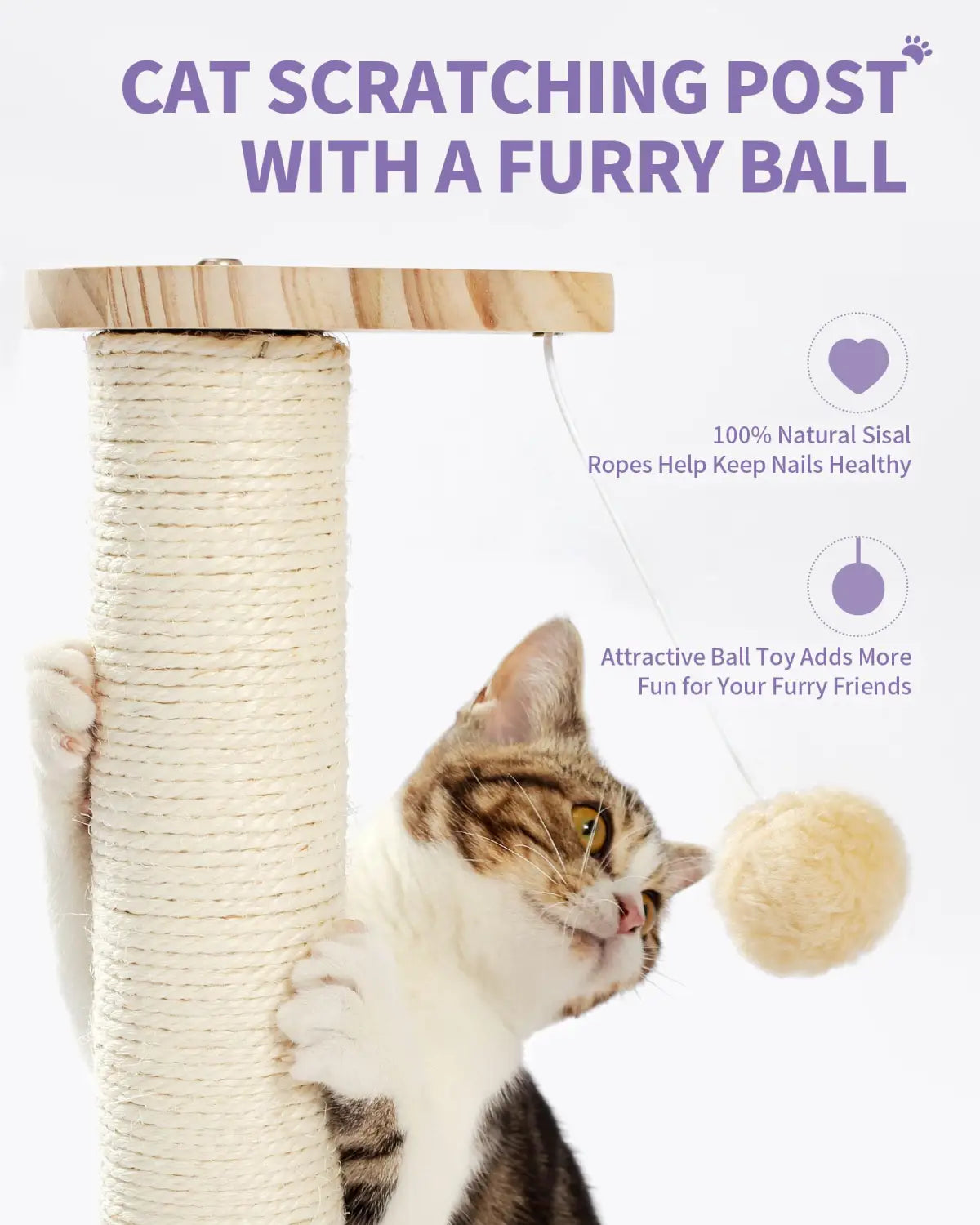 Un griffoir pour chat cylindrique beige, avec corde en sisal, un dessus en bois et un jouet à balle duveteux suspendu, pour que le chat joue et fasse de l’exercice.