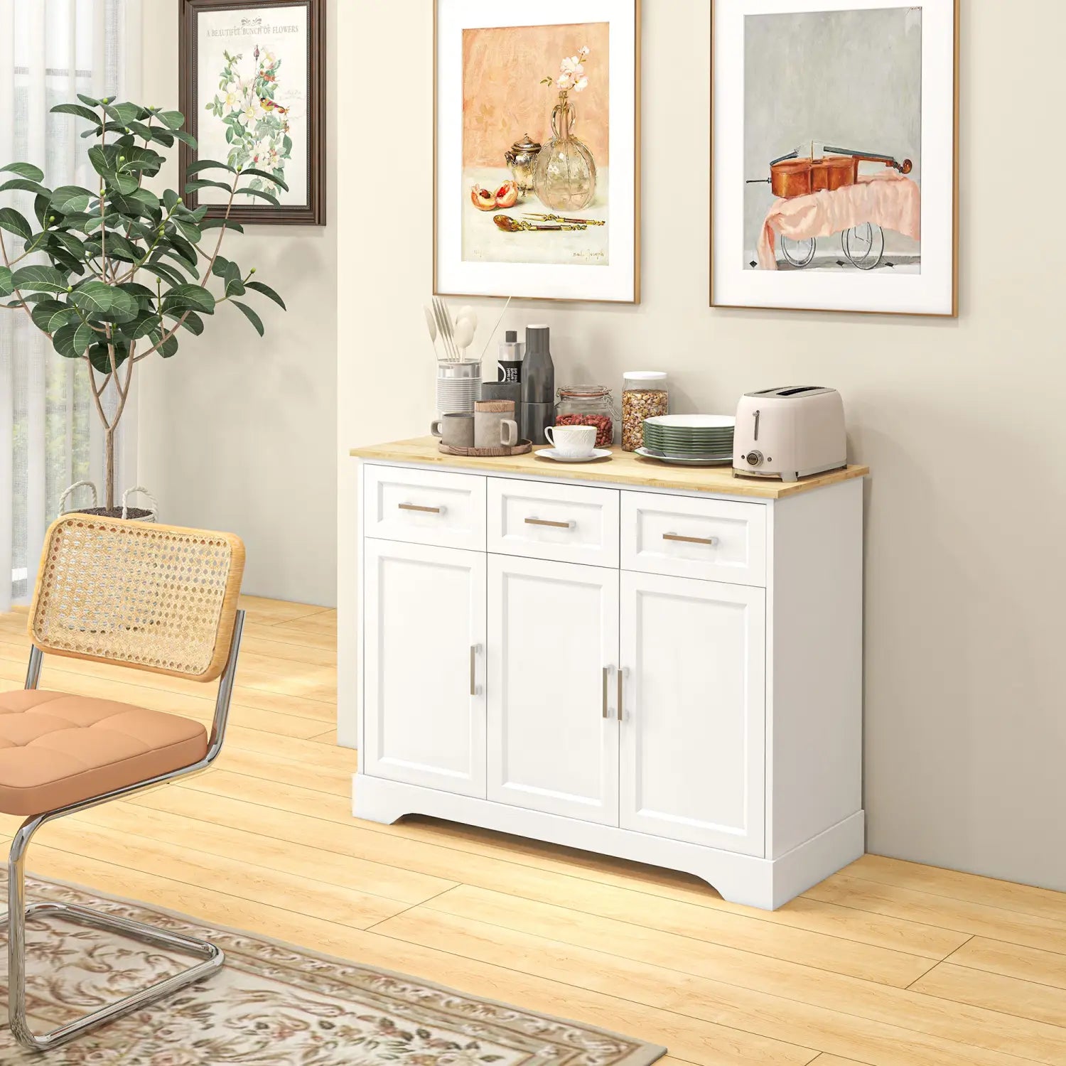 White wooden kitchen sideboard buffet cabinet with light oak countertop and three storage cabinet doors.