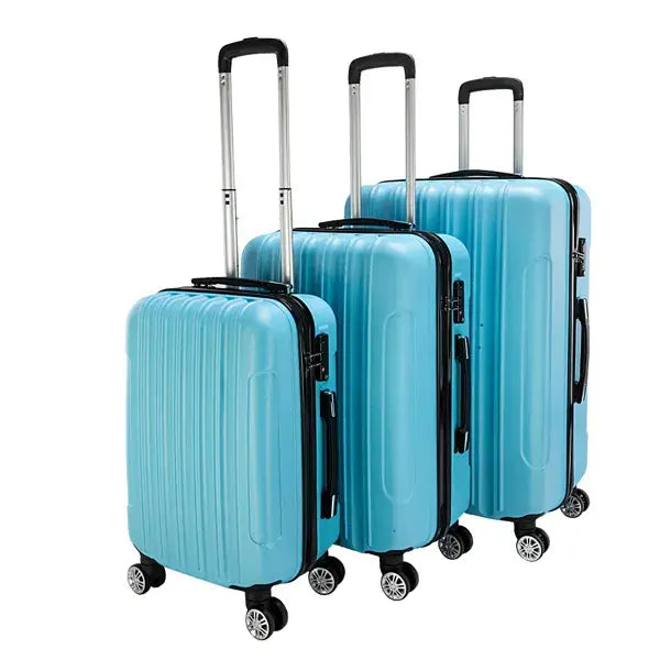 set of three light blue textured rolling hardshell suitcases with black trim and silver spinner wheels in a 3-in-1 luggage set