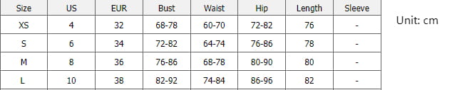 Size chart for high neck slim fit brown midi dress with side slit showing bust waist hip length and sleeve measurements in US EUR and cm.