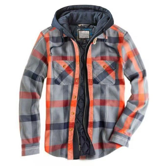 men quilted plaid hooded jacket in orange gray and navy flannel with quilted lining for warmth and comfort