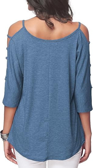 Blue off-shoulder cut-out top with cold-shoulder design, three-quarter sleeves, and button details on the arms.