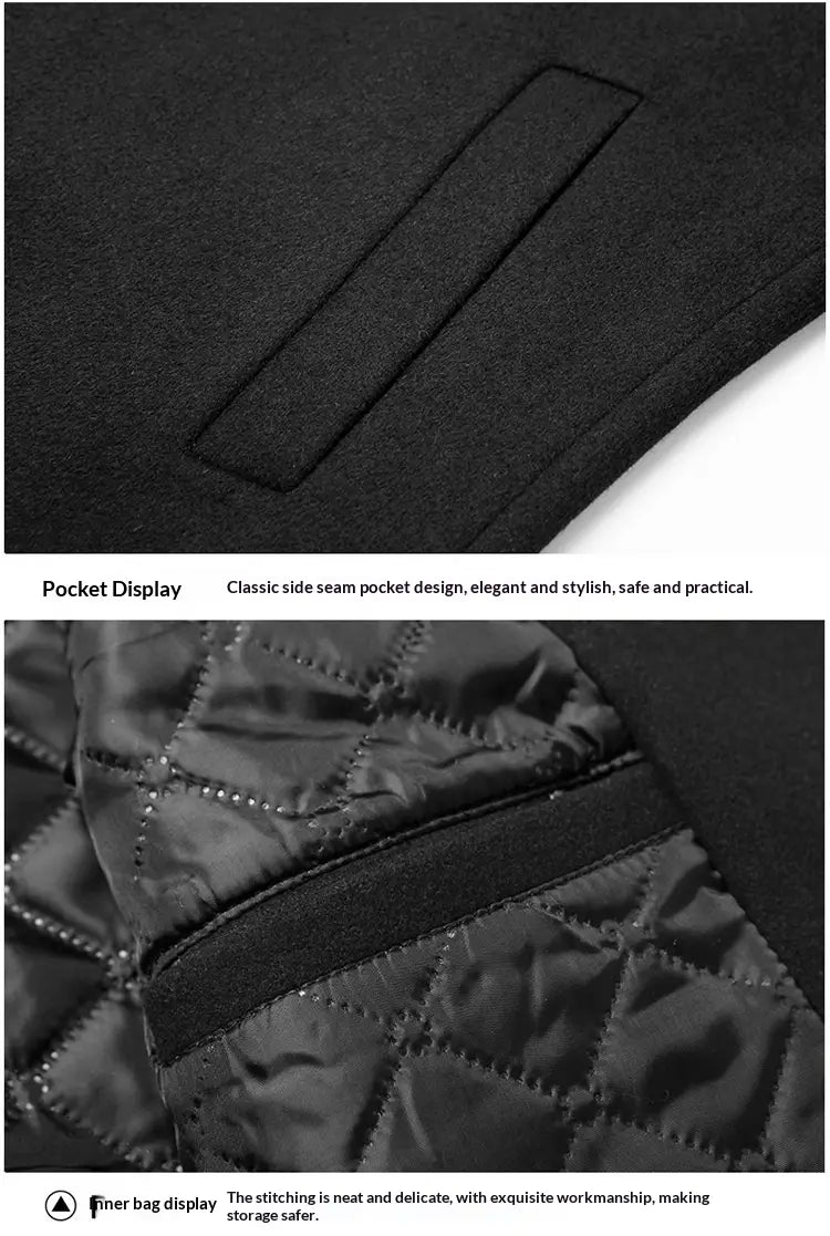 Herren-Dicker Wollmantel warme Winterjacke in Schwarz aus wattiertem Stoff mit Rautensteppmuster und eleganter seitlicher Einstecktasche.
