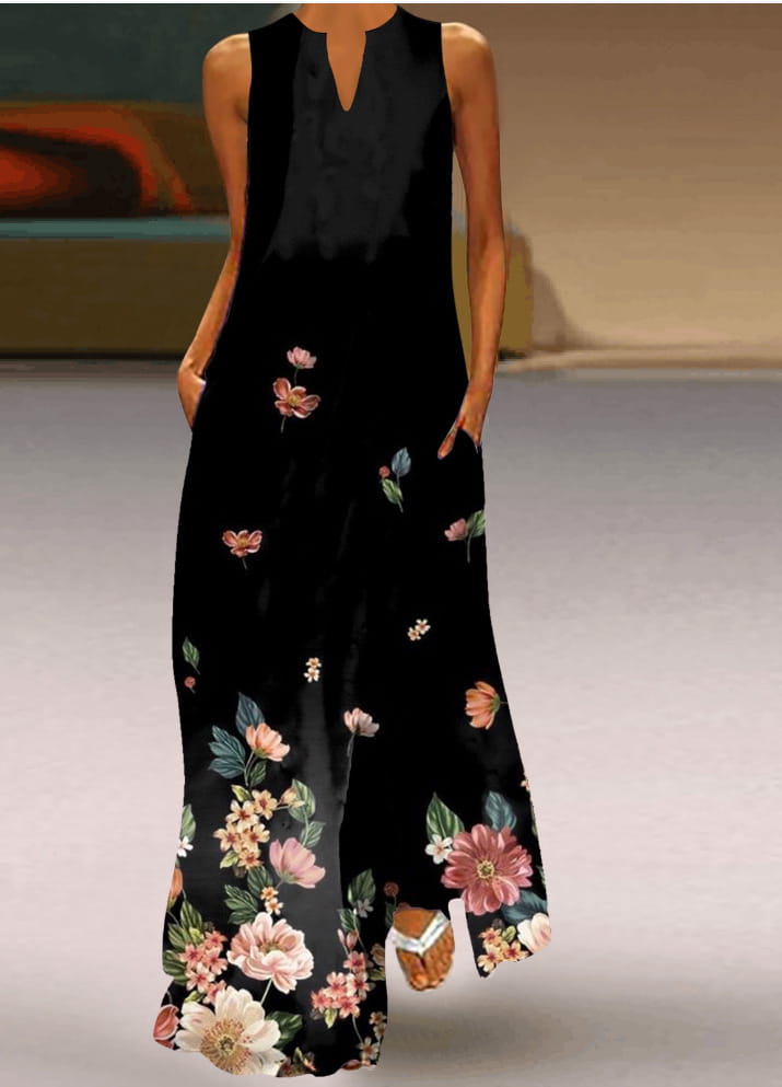 Robe longue sans manches noire à encolure en V et dentelle florale appliquée, présentant des fleurs rose pêche, blanches et vertes dans un design élégant