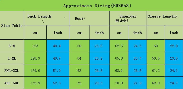Green and blue table displaying an approximate sizing chart for the furry long shearling winter coat.