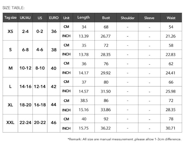 Size chart for lace trim ribbed camisole slim fit tank top showing measurements in centimeters and inches for sizes xs to xxl.