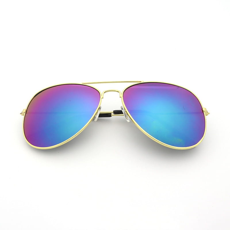 Classic unisex metal aviator sunglasses with gold rims and iridescent blue and purple mirrored lenses featuring uv protection.
