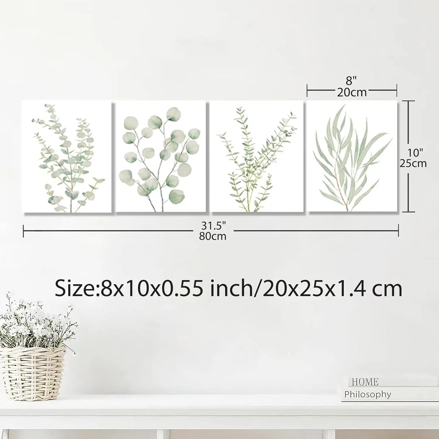 set of four minimalist botanical canvas prints featuring delicate green eucalyptus foliage in soft watercolor style each measuring 8 by 10 inches for framed wall art decor