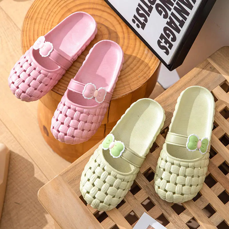 Pink and mint green woven plastic sandals with bow decorations for summer pvc beach slide sandals