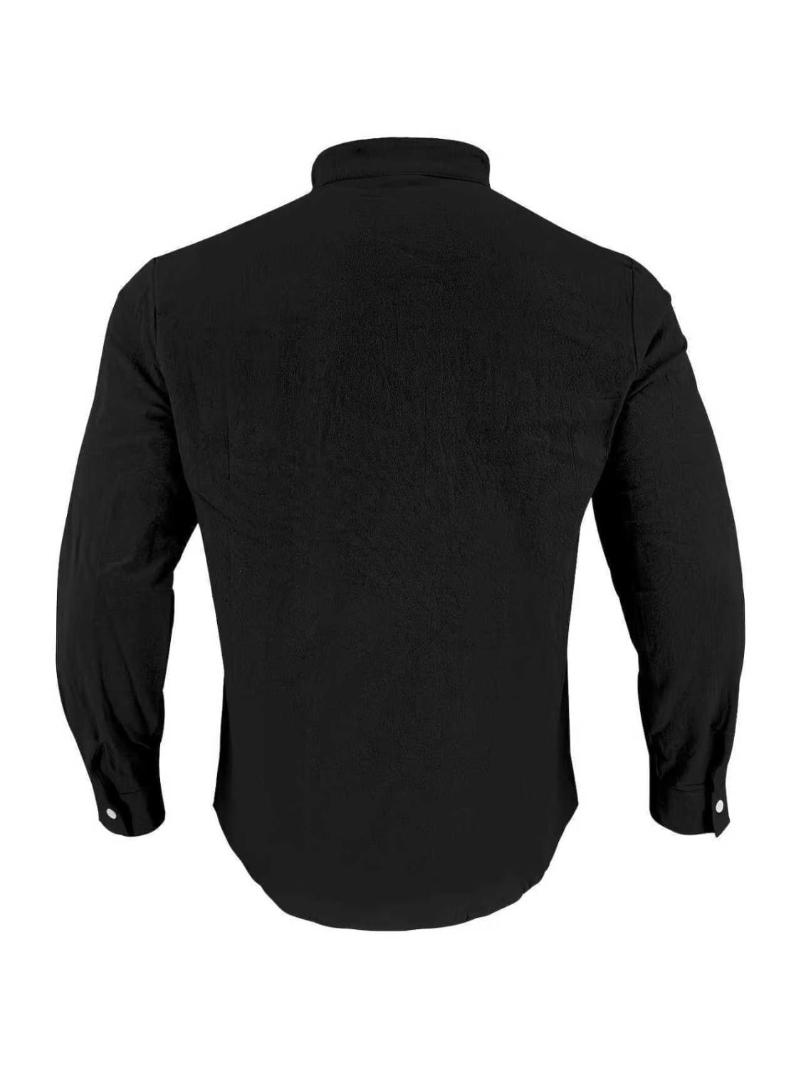Schwarzes Herren-Cotton-Leinenhemd mit Kordelzug mit langen Ärmeln, klassischem Kragen, Knopfverschluss vorn und sauber vernähten Bündchen.