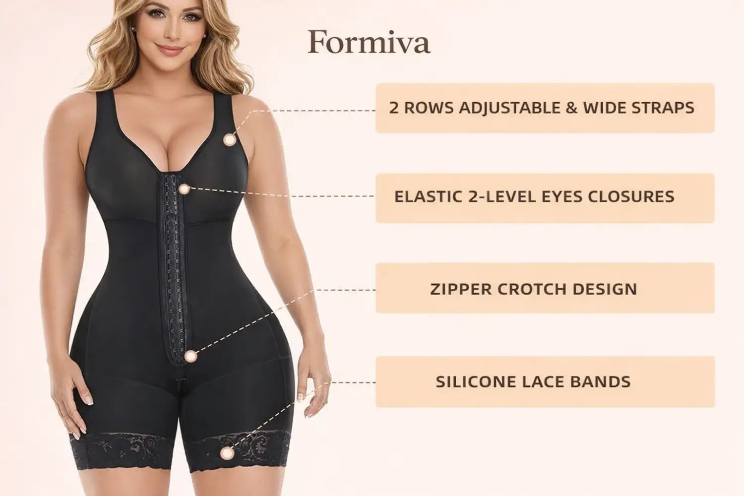 Body colombien gainant Formiva noir à contrôle du ventre, avec bretelles réglables, fermetures élastiques, design de fermeture à l’entrejambe par zip et bandes de dentelle en silicone.
