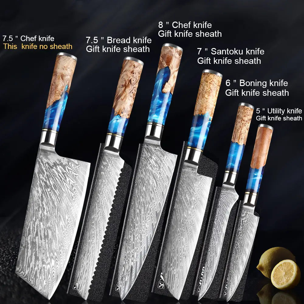 Set de cinco cuchillos del set de cuchillos de chef damasco de 7 piezas con mango de resina azul, con hojas de acero damasco y mangos con incrustación de resina azul sobre vetas de madera natural, que incluye cuchillo de chef, cuchillo de pan, cuchillo santoku, cuchillo para deshuesar y cuchillo utilitario.