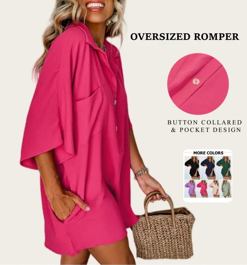 Vibrant pink oversized romper with button collar and side pockets designed as a comfortable summer jumpsuit.
