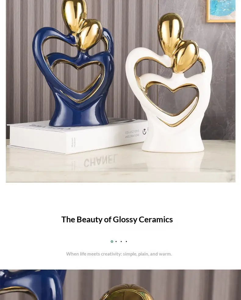 Two glossy ceramic abstract heart figurines in deep blue and white with golden accents ideal for modern home decor.