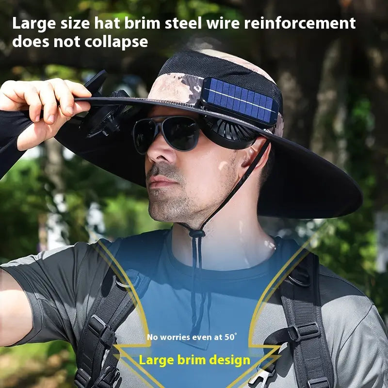 Black sun hat with wide brim in camouflage military green featuring a solar-powered fan embedded in the front and steel wire reinforcement for durability and sun protection.