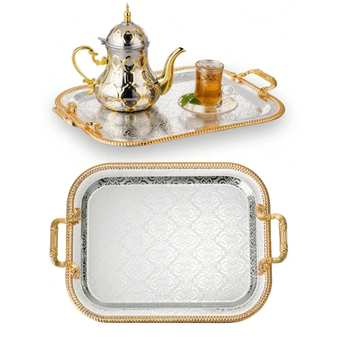 Luxury rectangle serving tray in silver and gold with embossed pattern and decorative gold handles.