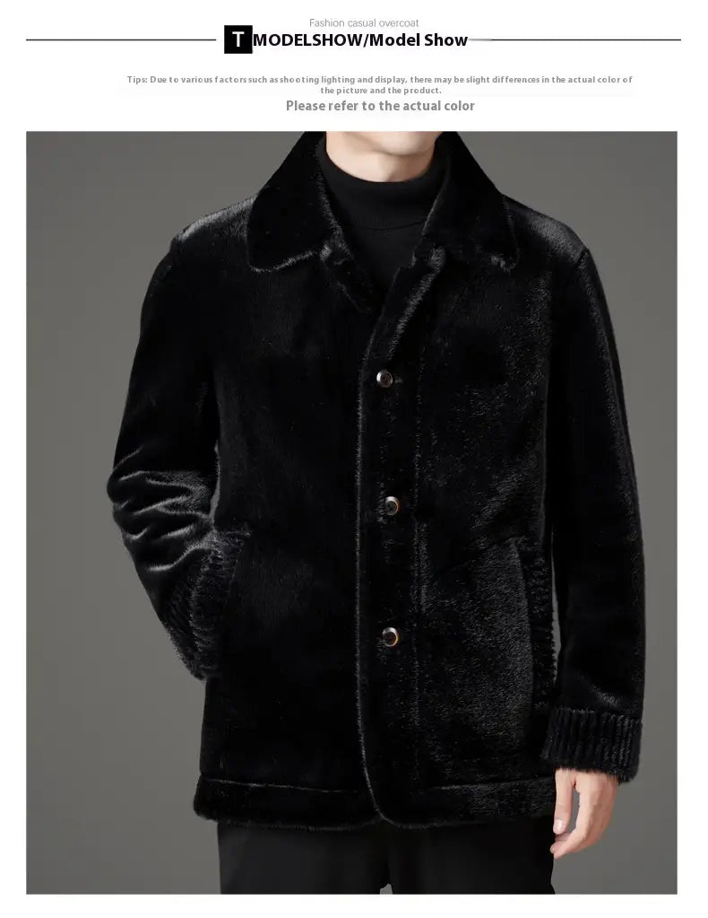 Black faux fur winter coat for men featuring a plush collar and ribbed cuffs.