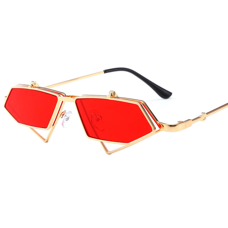 Vintage geometric gold metal frame sunglasses featuring bold red geometric lenses and black temple tips.