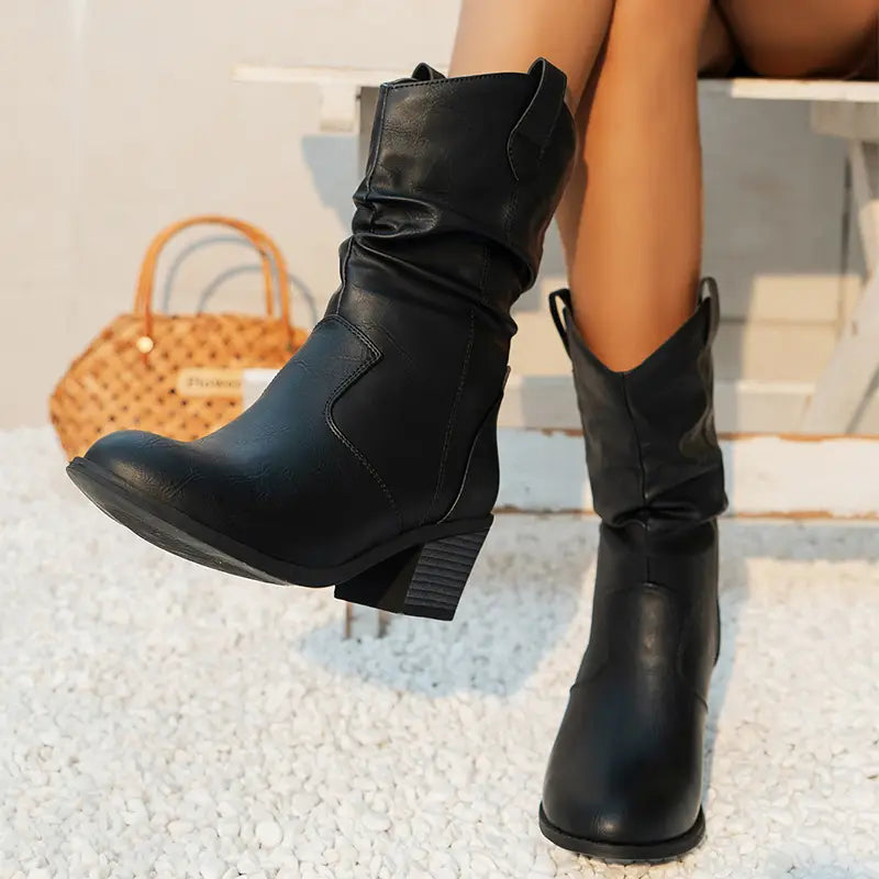 Botas de vaquero negras de cuero para mujer con tacón cuadrado apilado y tobilleras fruncidas, elaboradas en cuero sintético (PU).