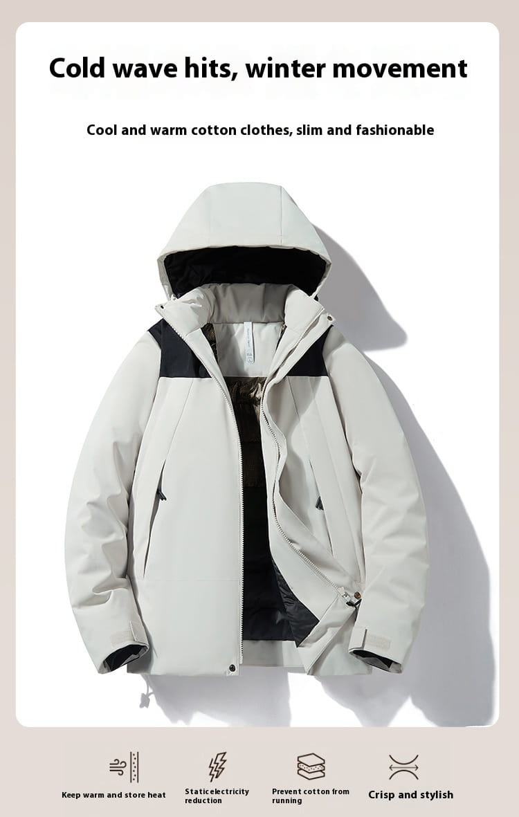 A light gray windproof waterproof puffer jacket with black accents and a cozy fleece lined interior designed for winter wear.