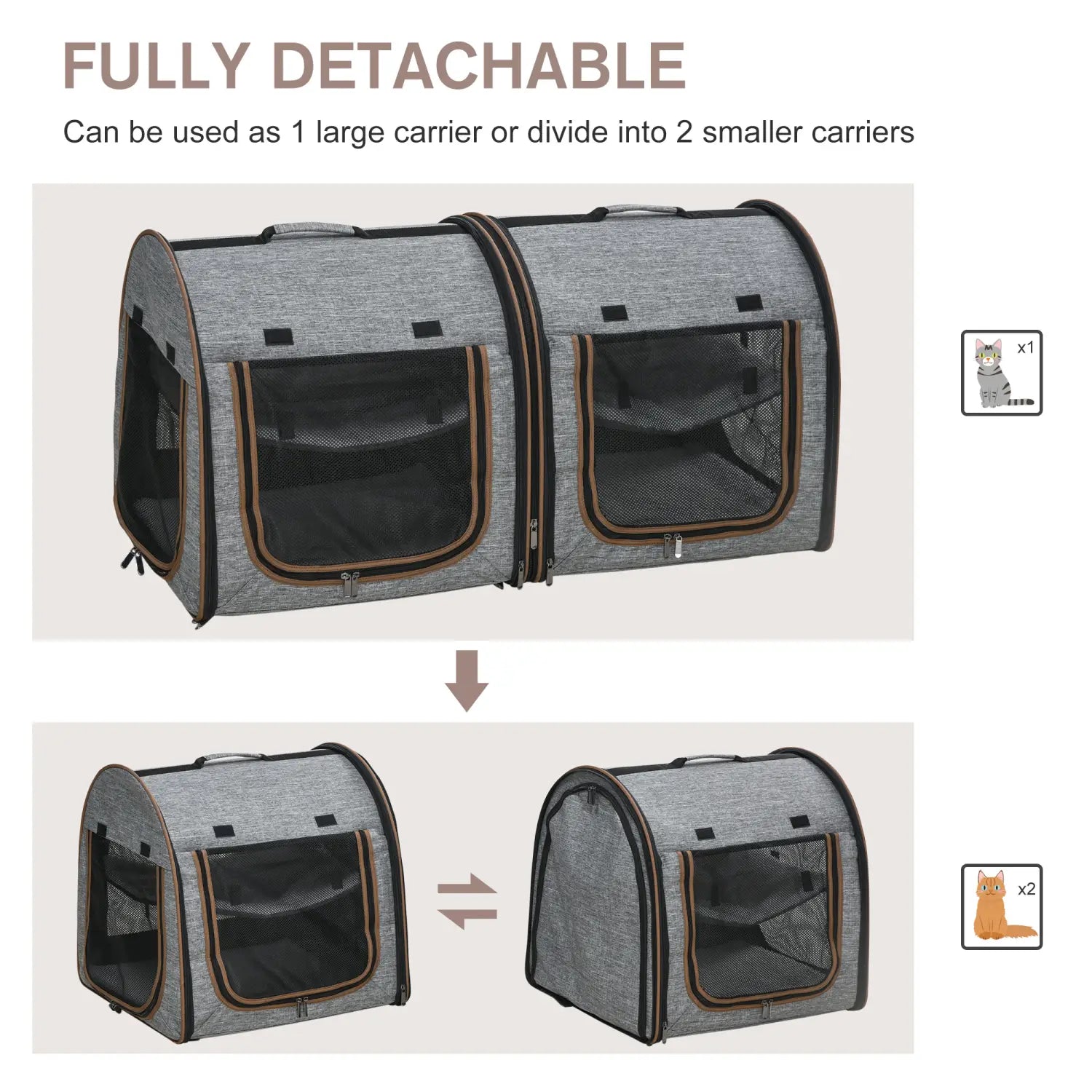 Gray two compartment soft pet cat carrier made of fabric with fully detachable design mesh windows and black trim shown from the back side.