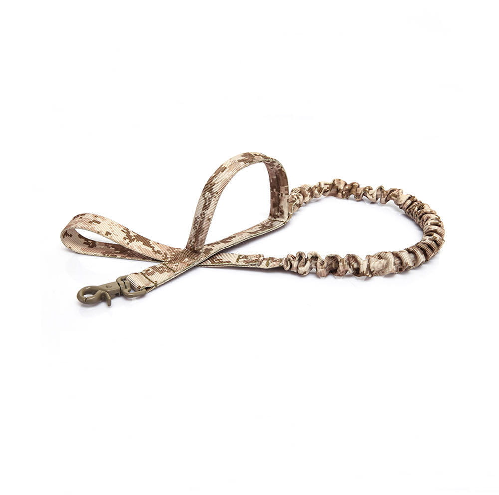 Tactical bungee dog leash in tan and beige digital camouflage featuring a textured elasticated section and metal clip for durable pet control.