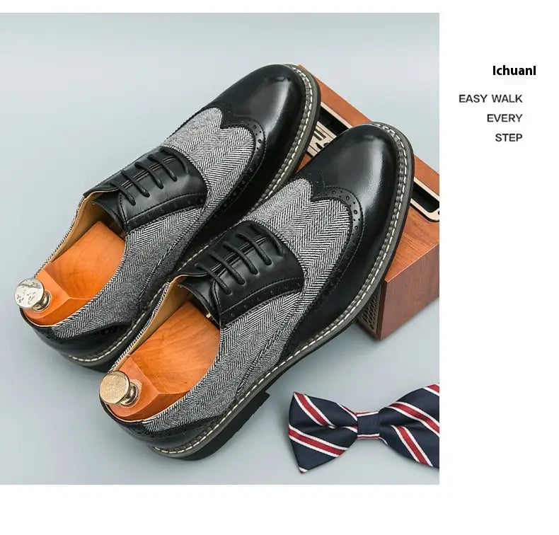 Men’s Korean style woven leather brogue high top shoes with brown and gray herringbone wingtip polished accents