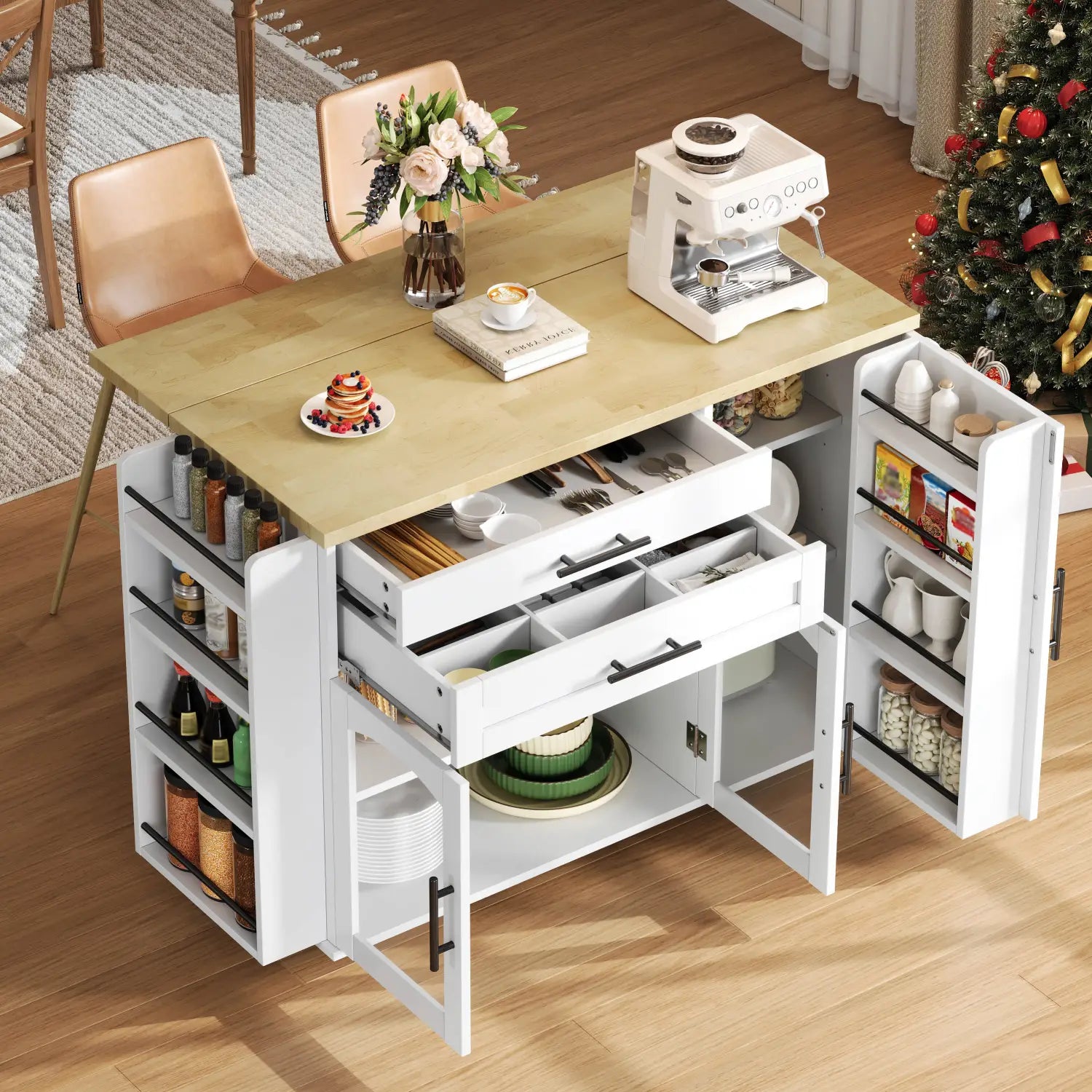 White mobile kitchen island with foldable light wood countertop and open shelving units on wheels for versatile kitchen use