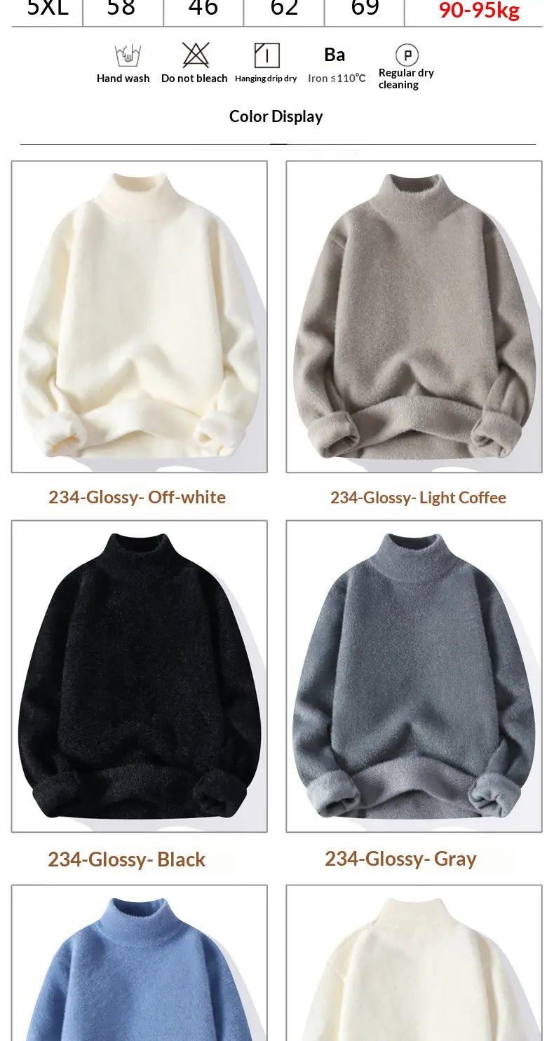 A soft glossy men half turtleneck sweater in off-white light coffee black or gray made of warm knit fabric.