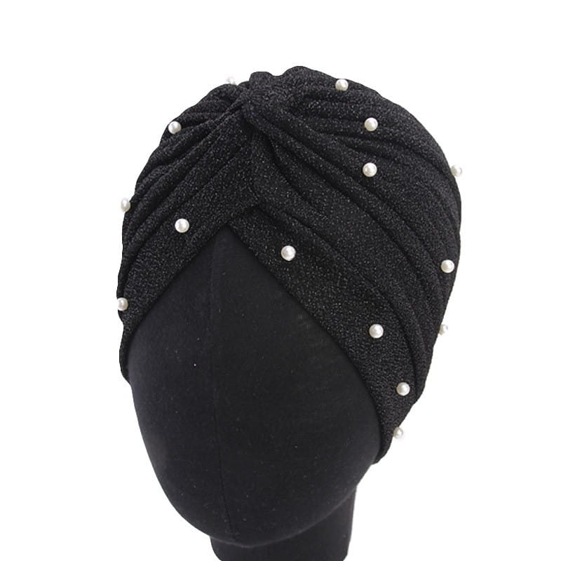Black glittery turban headscarf adorned with white pearls made of shimmering jacquard fabric for women.