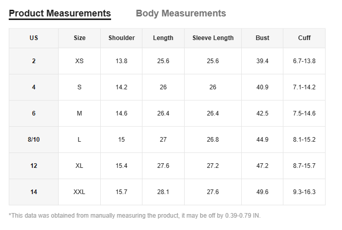 A detailed size chart for a floral print lantern sleeve ruffled blouse showing US sizes 2 to 14 with shoulder, length, sleeve length, bust, and cuff measurements in inches.